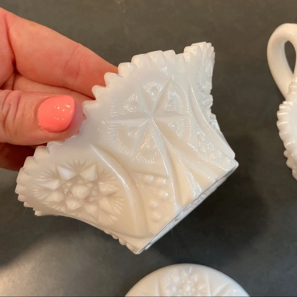 Vintage Kemple milk glass set sugar creamer cut glass set